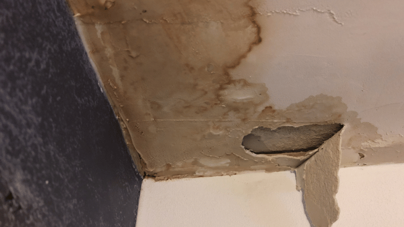 Interior ceiling showing active roof leak with visible water stains, peeling paint, and structural moisture damage.