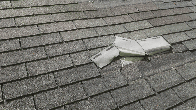 Asphalt shingle roof damaged by hail, with cracked and displaced shingles indicating the need for roof repair or replacement.